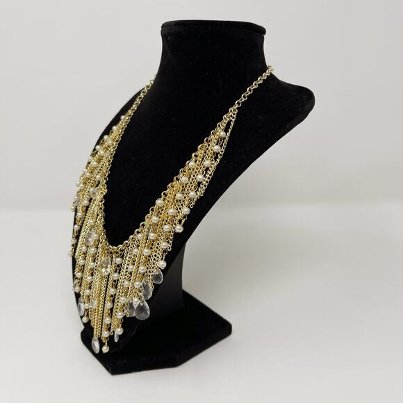 Amrita Singh Gold Tone Chainlink Bib Statement Necklace with Faux Pearl Drop - Picture 2 of 7